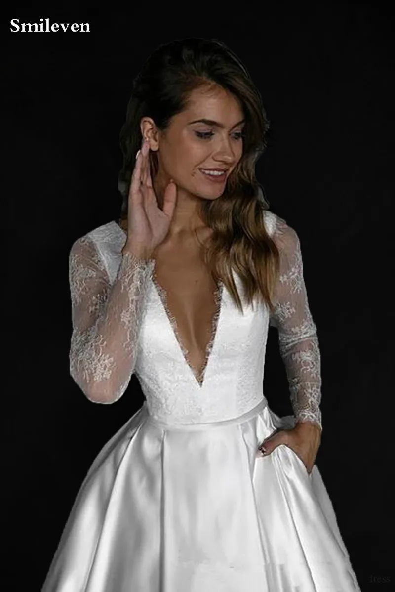 Кружевное свадебное платье Smileven с длинным рукавом 2020 ТРАПЕЦИЕВИДНОЕ атласное