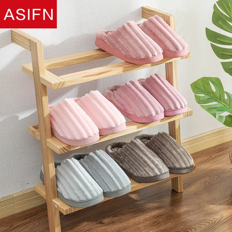 

ASIFN Winter Slippers with Fur Women Cotton Mules Ladies House Indoor Soft Bottom Non-slip Home Warm Laides Fur Slippers