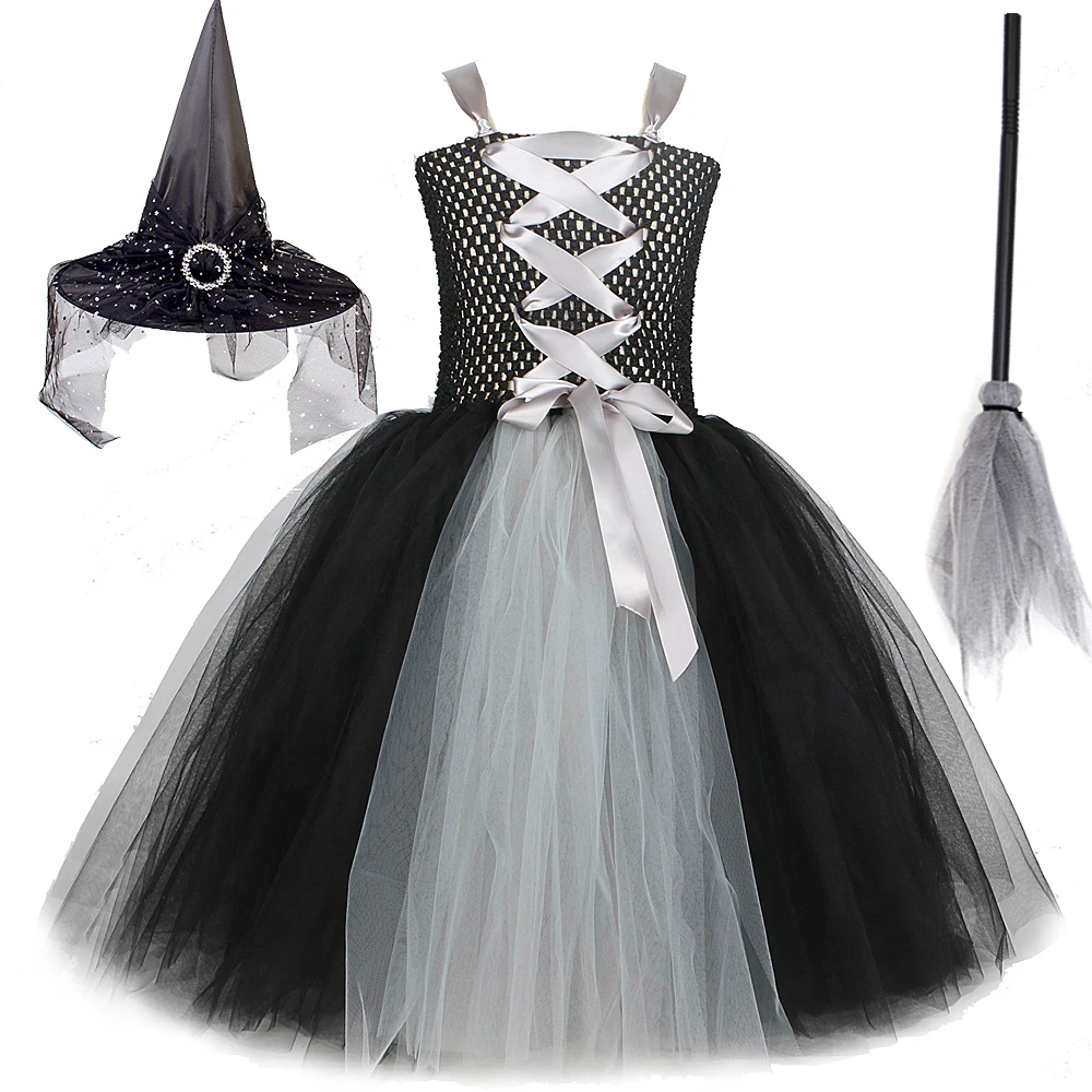 

Gray Black Girls Witch Tutu Dress For Girl Kids With Hat Magic Broom Baby Long Cosplay Halloween Costumes Carnival Outfits 1-12Y