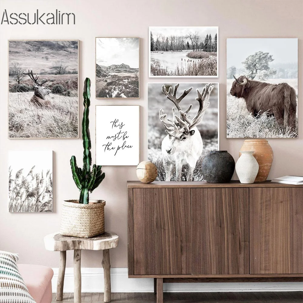 

Пейзаж, плакаты, олень, корова, холст, принты с сеном, картины, настенные плакаты и принты в скандинавском стиле, картины для декора гостиной