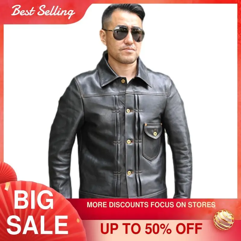 

2021 Black Japan Casual Style Genuine Leather Jacket Men Single Breasted Large Size 3XL Real Natural Horsehide Spring Short Coat