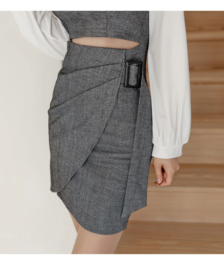 

Korea 2020 Autumn Color Patchwork Hollow Out V-Neck Sheath Mini Bodycon Sexy Women's Dresses