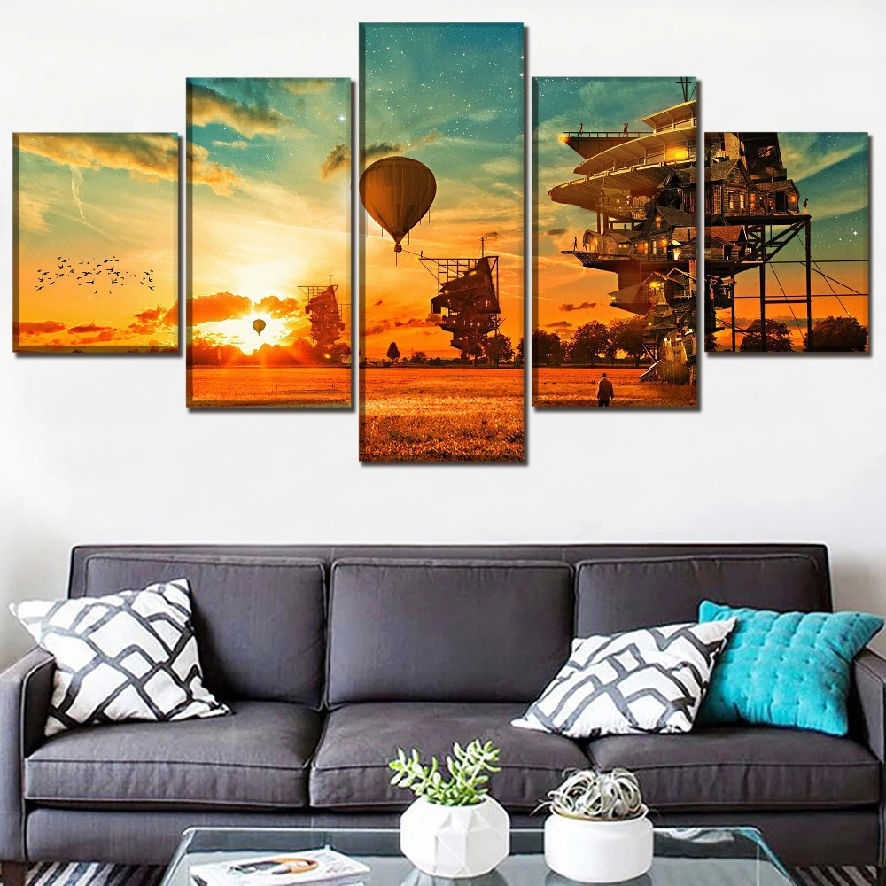 

5 Pieces Wall Art Canvas Painting Steampunk House And Landscape Poster Modern Home Living Room Bedroom Decoration Free Shipping
