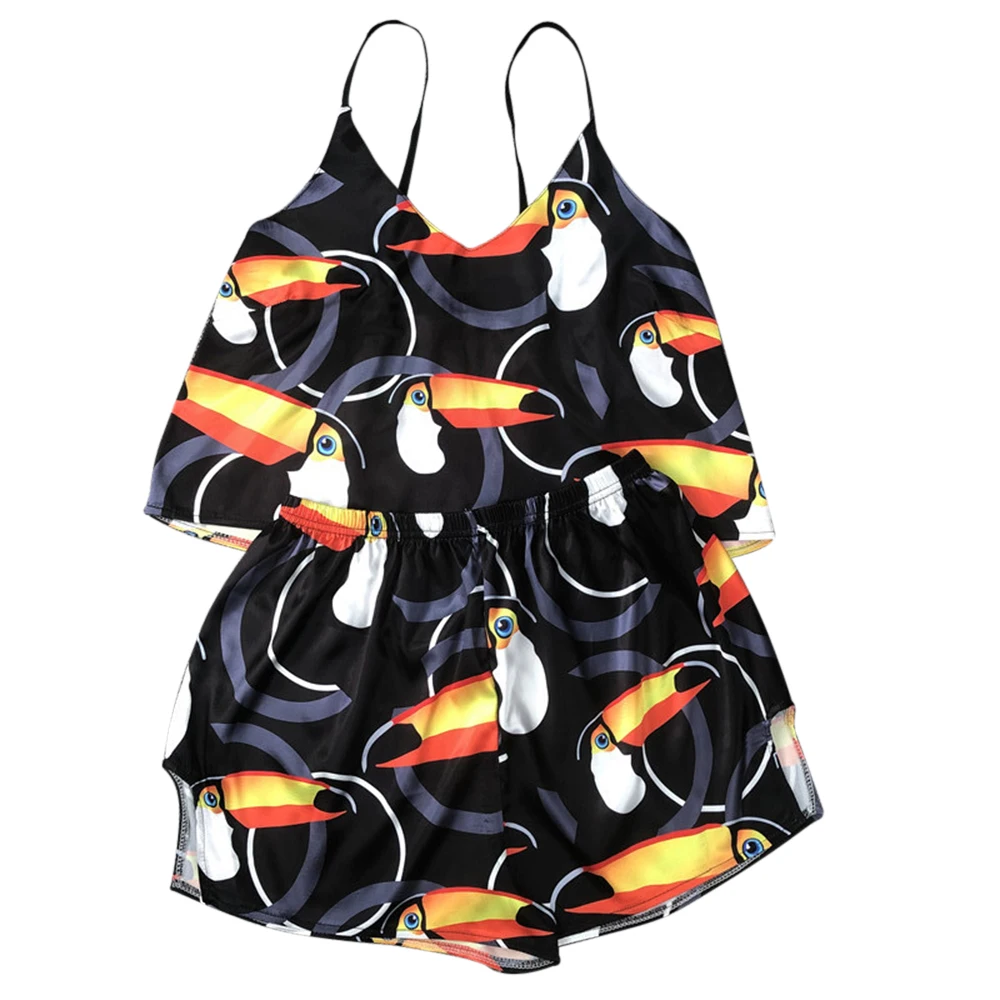 

Animal Cartoon Print Lovely Sleepwear Home Suit Summer V Neck Sexy Pyjamas Women Spaghetti Strap Loose Pijama Satin Femme Cat