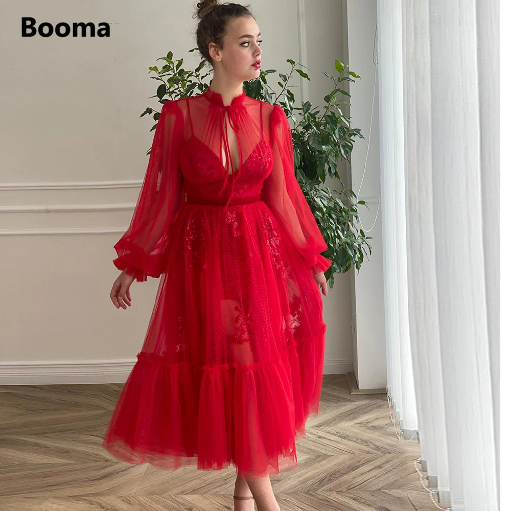

Booma Red Dotted Tulle Midi Prom Dresses Cuffed Long Sleeves Sequin Appliques Tea-Length A-Line Prom Gowns Wedding Party Dresses