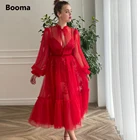 Booma красного цвета в горошек с фатиновой юбкой-миди платья для выпускного вечера с манжетами одежда с длинным рукавом с пайетками аппликации Чай-Длина ТРАПЕЦИЕВИДНОЕ платье для выпускного бала, нарядные платья для свадьбы