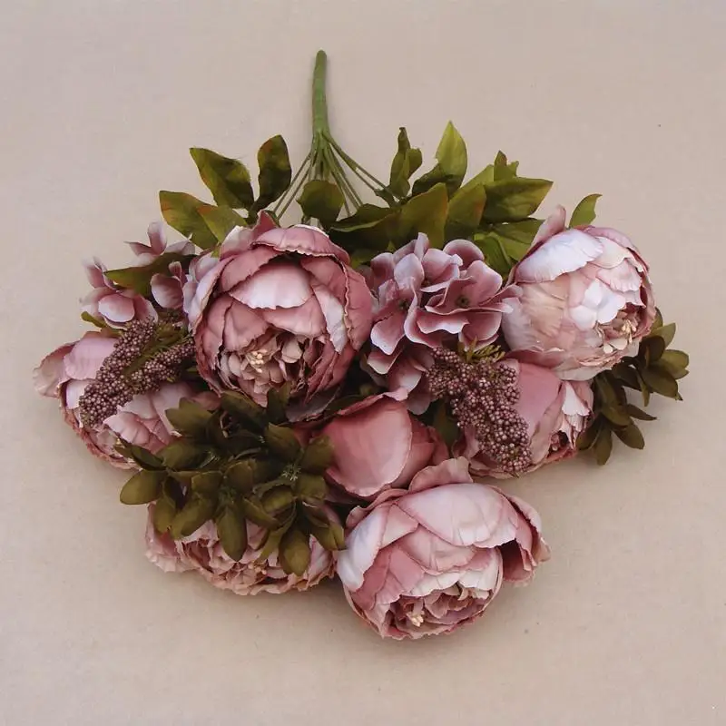

1 Bouquet Silk Flower Artificial Fall Vivid Peony Fake Leaf