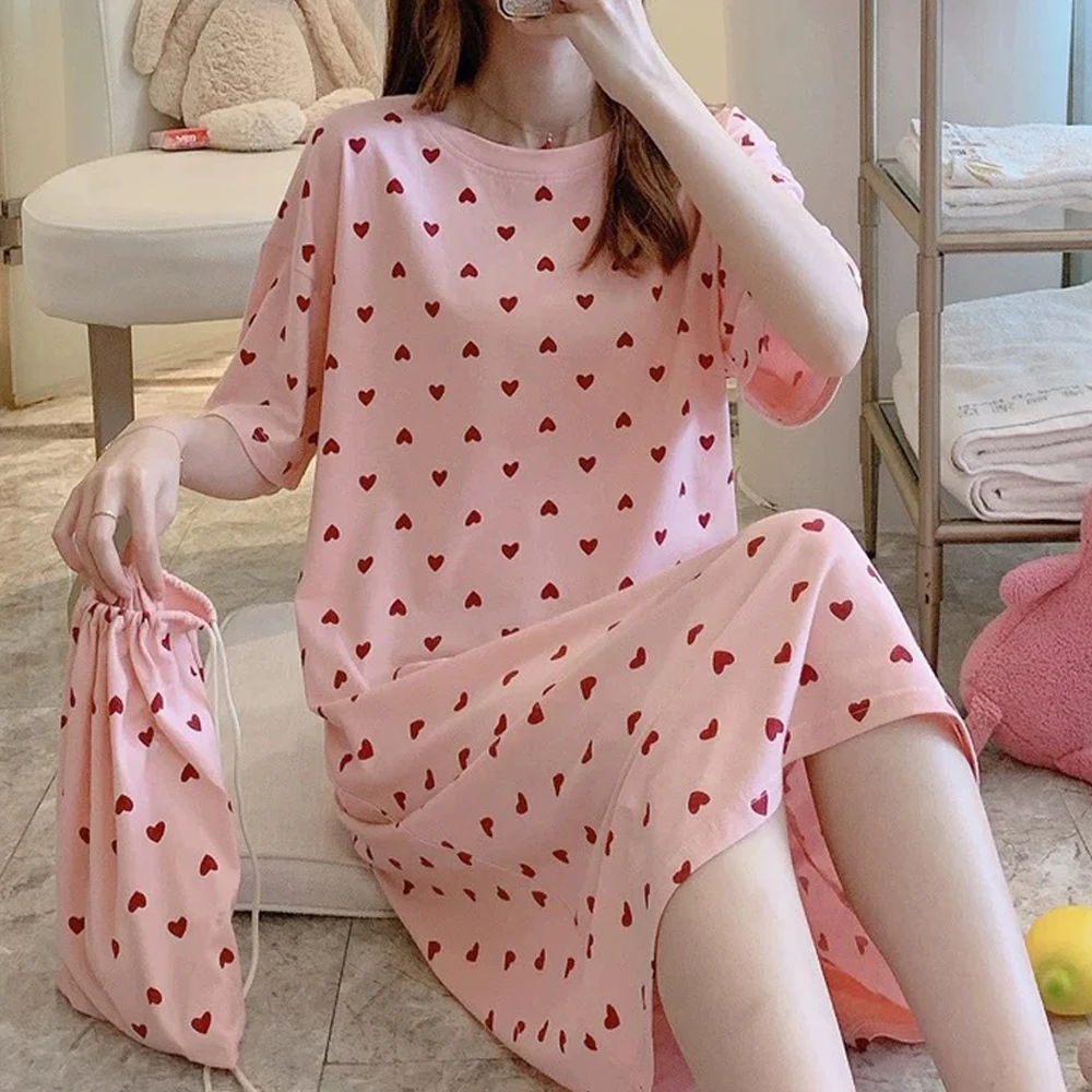 

Women Homewear Clothes T Shirt Dress Striped Cartoon Printed Pajamas Women Short Sleeve Loose Nightdress Sleepshirts