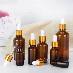 Флакон-капельница Янтарное стекло 15-100 мл Золотая крышка жидкий реагент бутылочка с пипеткой капельница для глаз ароматерапия контейнер стеклянный парфюм