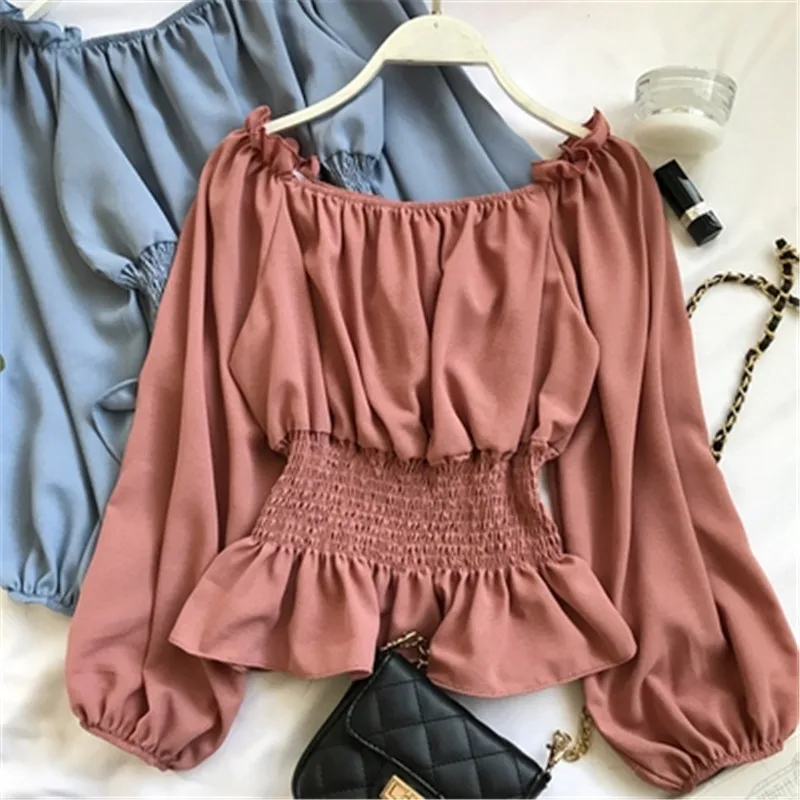 

2019 summer new lantern sleeve chiffon women blouse and shirts solid slim sexy slash neck ruffles lady shirts outwear tops Z1698