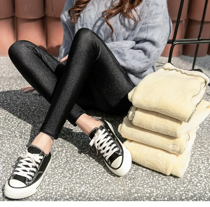 Black Glossy Плотные бархатные леггинсы для русской зимы, женские теплые леггинсы из овечьей шерсти и кашемира для тренировок, зимние штаны с высокой талией, леггинсы размера плюс - Цвет: Black Glossy