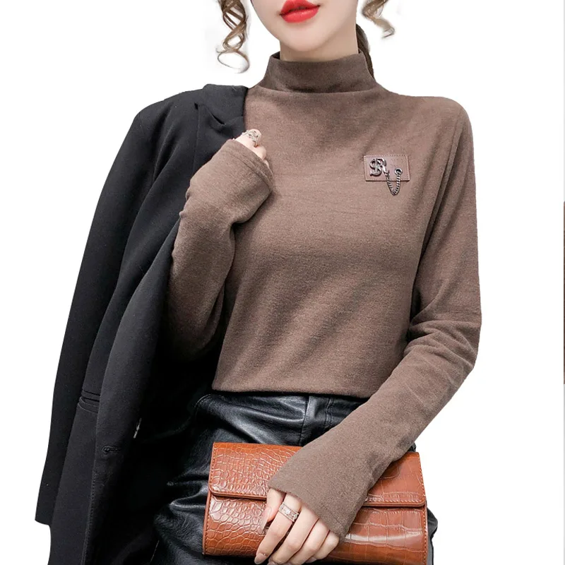 

2021 Spring Winter Turtleneck Warm T-Shirt Tops Long Sleeve Thick T Shirt Korean 100% Cotton T-shirt Ladies Tee Shirt Plus Size