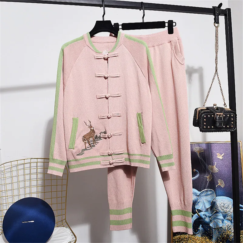 Винтажный женский спортивный костюм с вышивкой 2 шт. весна осень Свободный