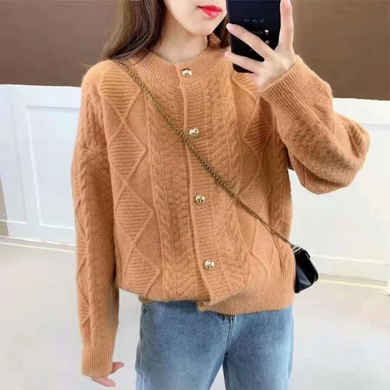 

2021 Women Autumn Winter Casual Solid Sweater Coat Lady O-Neck Single Brasted Knitted Cardigan Female Elegant Slim Cardigan H498