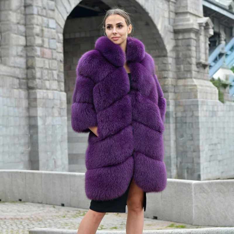 90cm Long Real Fox Fur Coats Women Luxury Winter Fashion Fur Overcoats Trendy 2022 Whole Skin Genuine Fox Fur Coat Stand Collar
