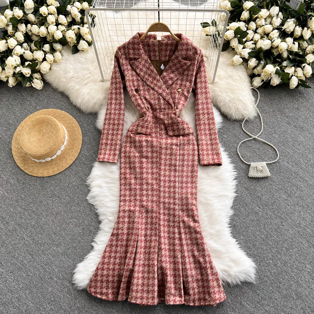 

The New OfficeHigh-end Ladies Houndstooth Suit Collar Waist Is Thinner Mid-length Fishtail Dress Elegant Temperament Dress