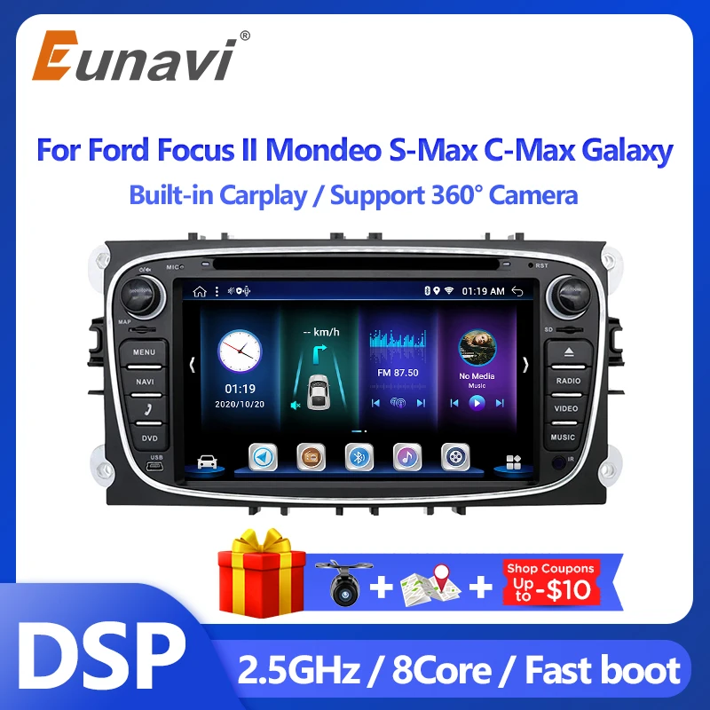

Eunavi 2 Din Автомобильный мультимедийный dvd-плеер для Ford Focus II Mondeo S-Max C-MAX Galaxy 7 дюймов Android 10 4G 64G 8 ядер DSP GPS