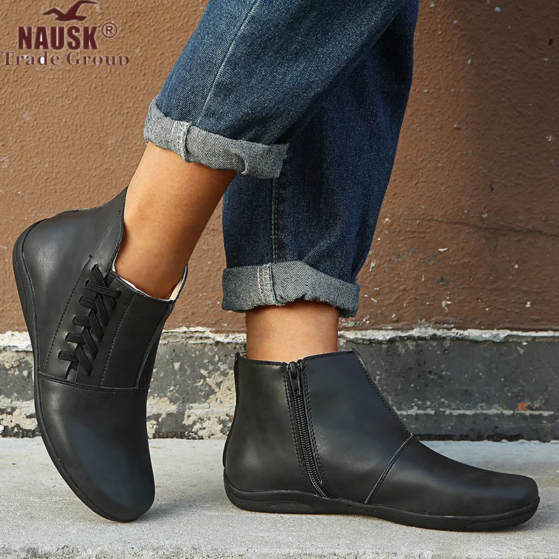 Женские зимние Плюшевые Теплые ботильоны на плоской подошве со шнуровкой