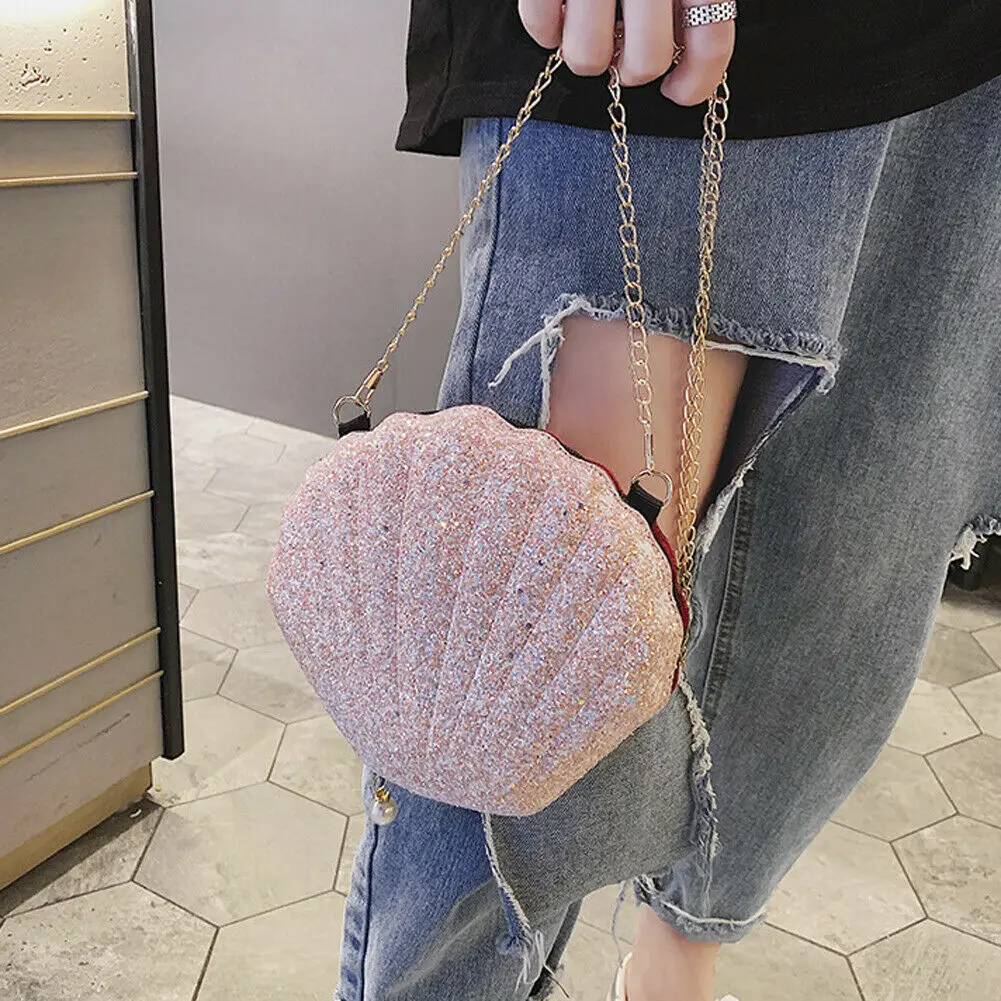 

2019 Newest Hot Women Girl Glitter Sequine Shell Shape Messenger Bags Lady Summer Beach PU Handbag Cross Body Shoulder Bag Purse