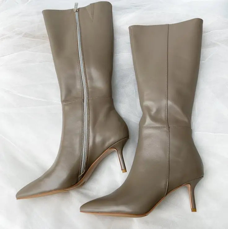 2021 Spring Autumn Earth Color Genuine Cowleather Pointed Toe Boots Thin High Heel Side Zipper Fashion Trim Leg Boots