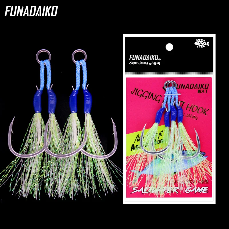 Рыболовные крючки FUNADAIKO, морские светящиеся крючки 1/0 2/0 3/0 4/0 5/0 6/0, вспомогательный крючок для рыбы, двойные рыболовные крючки, зажим, медленн...