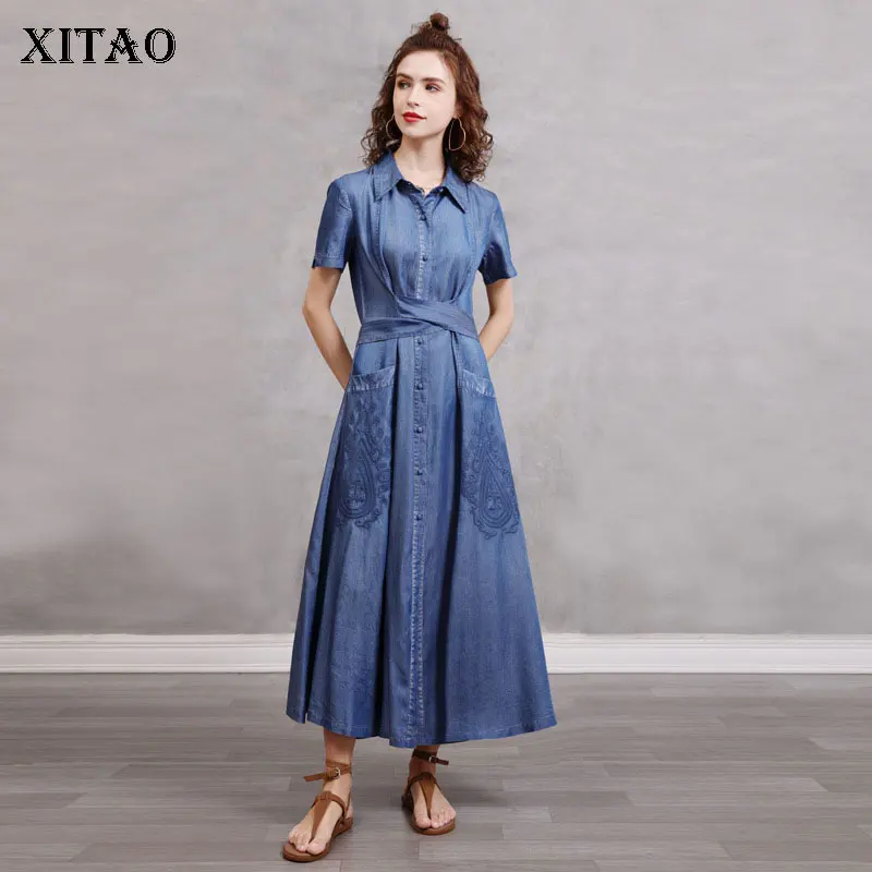 

XITAO Embroidery Dress Fashion New Women Bandage 2021 Summer Goddess Fan Casual Style Loose Solid Color Pleated Dress CLL1268