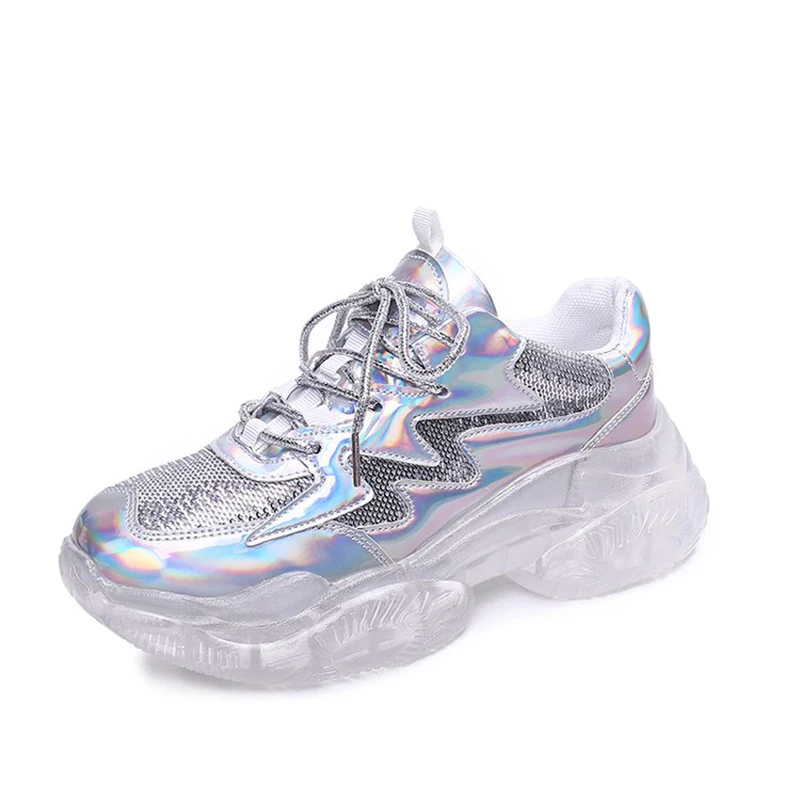 Блестящие туфли женская обувь на толстой подошве Модные женские кроссовки с