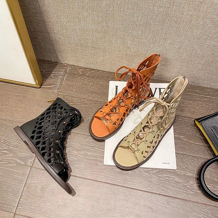 

2021 new hollow open-toe low-heeled cross-lace women's sandals European and American Roman short tube leather boots