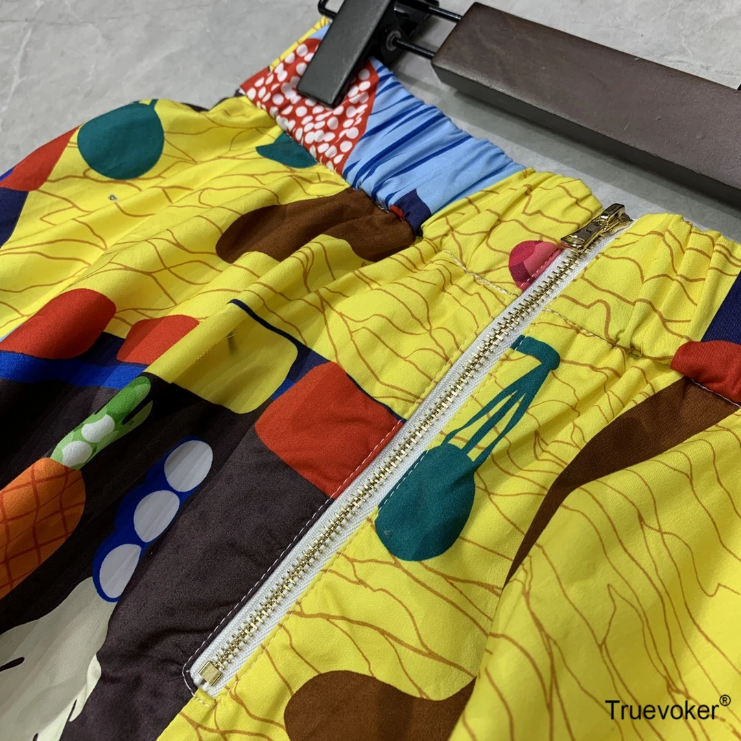 

2021 Summer Runway Fashion Cotton Ruffle Cake Skirt Women Multicolor Abstract Print Midi Party Skirt