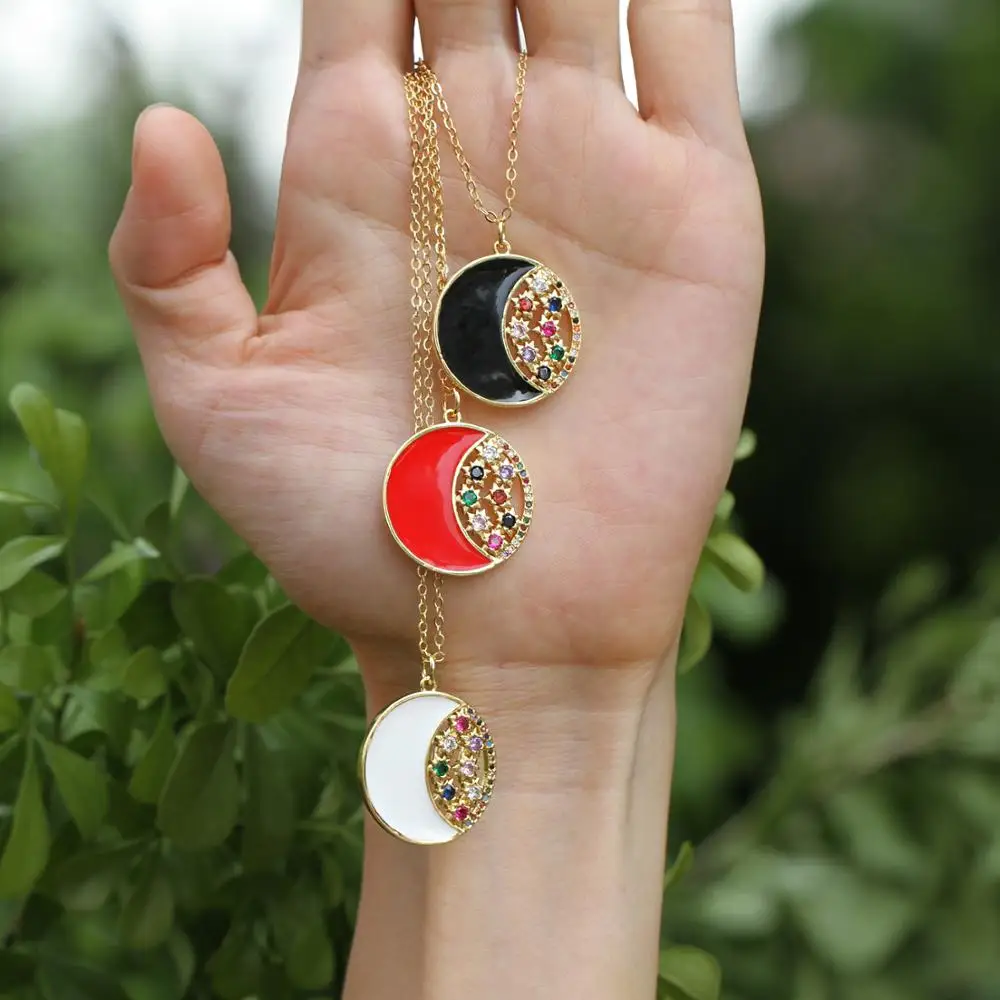 

Fashion enamel pendant necklace, colorful sun and moon shape CZ charm round necklace female necklace pendant jewelry