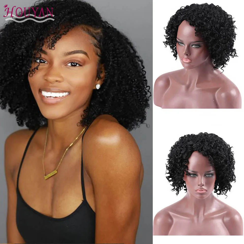 

Черный кудрявый парик HOUYAN, синтетический длинный парик, черный женский натуральный термостойкий черный парик