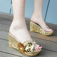 2021 summer new wedges sandals women sexy crystal transparent high heels pvc slippers string bead slippers fashion gold shoes