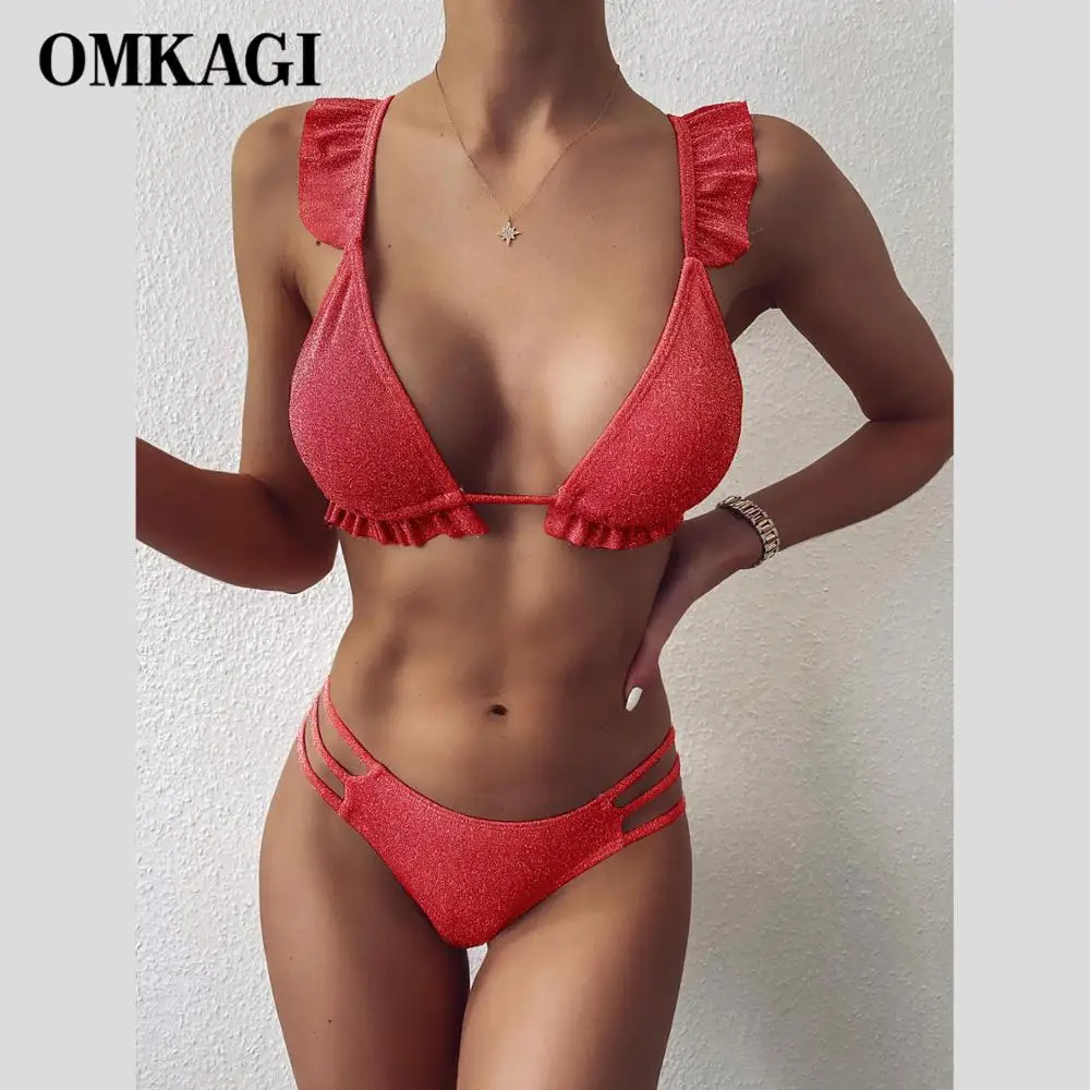

Купальник-бикини OMKAGI женский с эффектом пуш-ап, пикантный купальный костюм с оборками, пляжная одежда, купальник, лето 2021