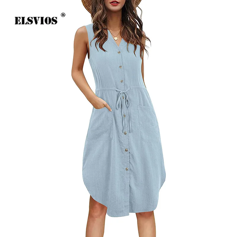 

Платье женское средней длины на пуговицах, повседневный однотонный свободный сарафан-трапеция без рукавов, с V-образным вырезом, с поясом, элегантная модель на лето