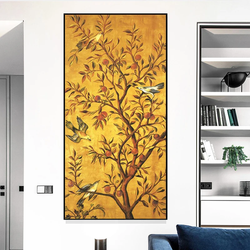 Традиционный холст с деревом удачи и птицами настенный на стену для гостиной