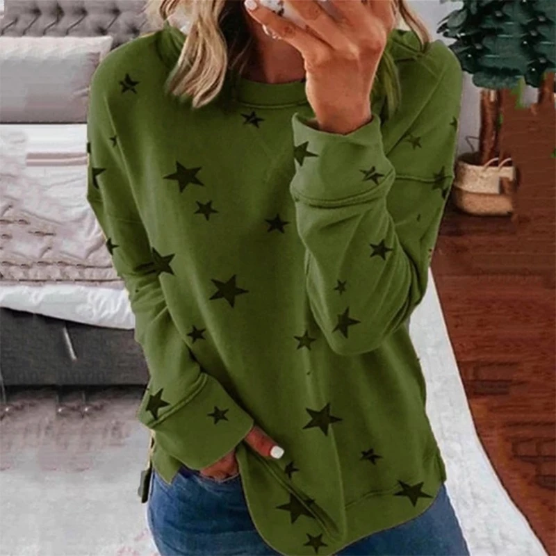 

Women Casual Crewneck Star Print Sweatshirt Long Sleeve Pullover Loose Tunic Top Outdoor Sport Fashion Autumn Winter Streetwear