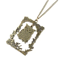 hot animal photo frame owl pendant necklace bronze sweater long chain necklaces jewelry