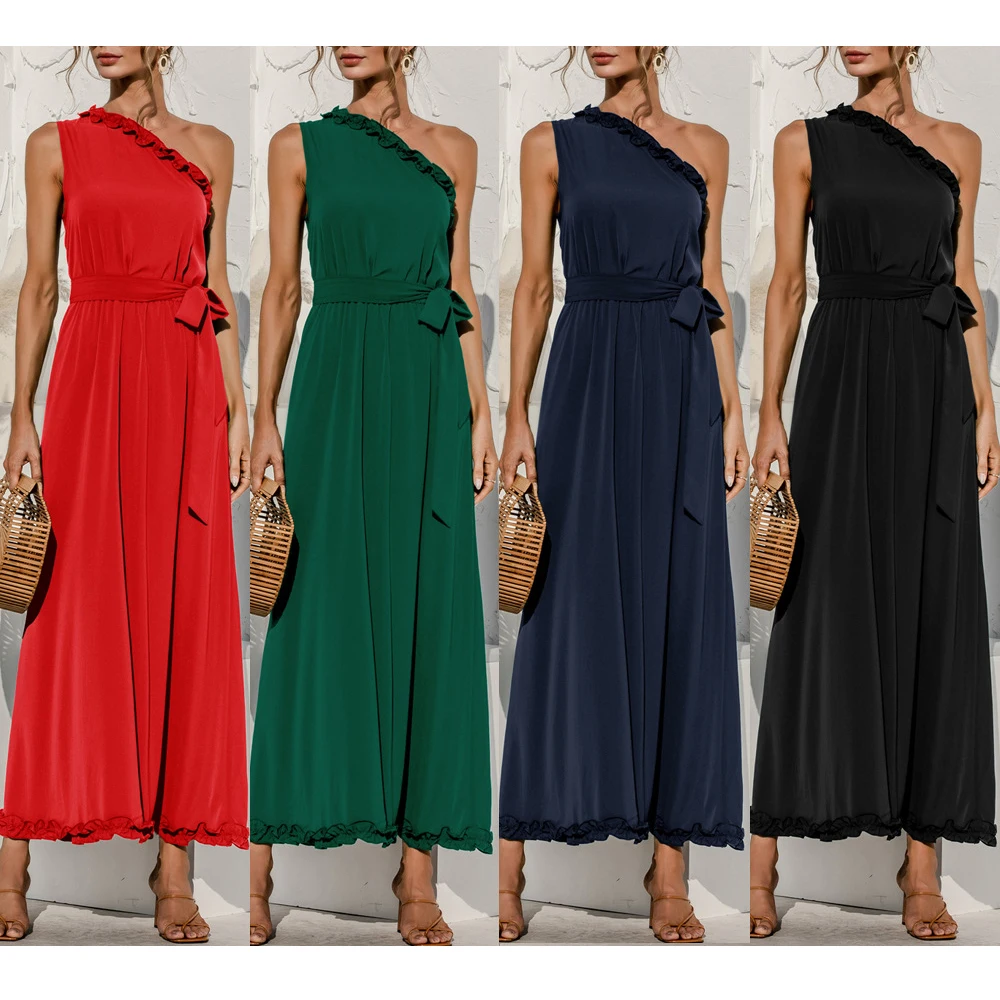 

Summer Long Dress Women Solid Color Sexy One Shoulder Party Dresses Ruffle Strapless Sundress AM3046