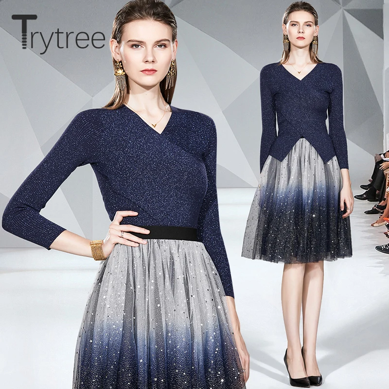 Осень зима 2020 комплект из двух предметов Trytree повседневный трикотажный свитер с V