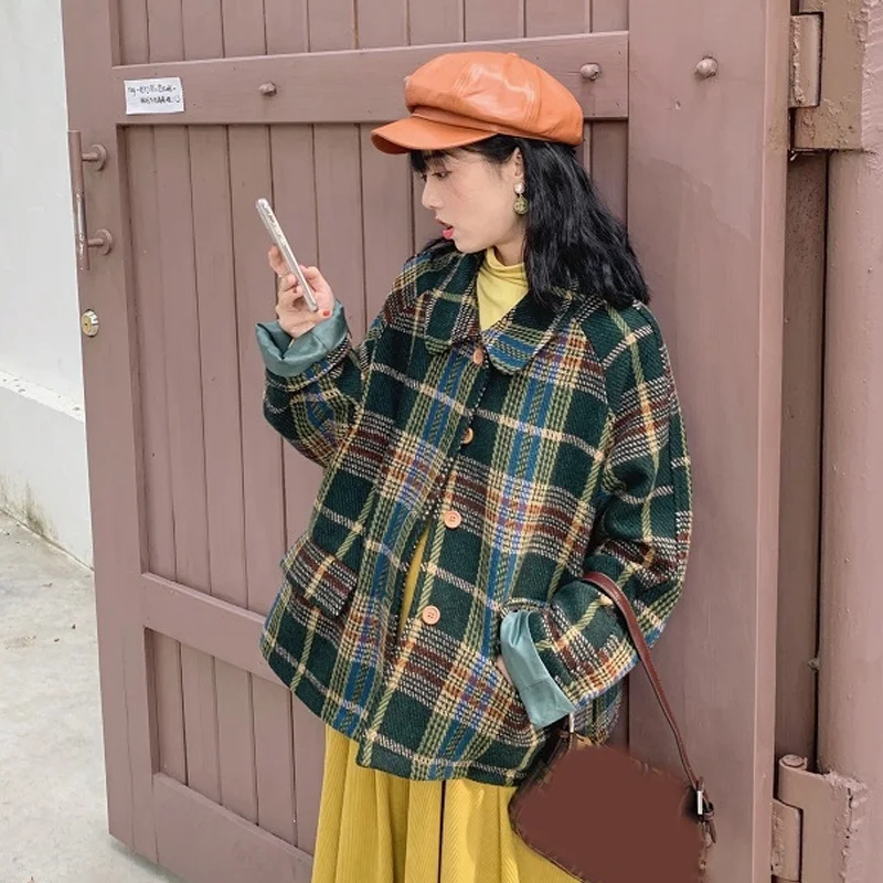 Клетчатое твидовое пальто женская одежда на весну и осень зиму новинка 2021