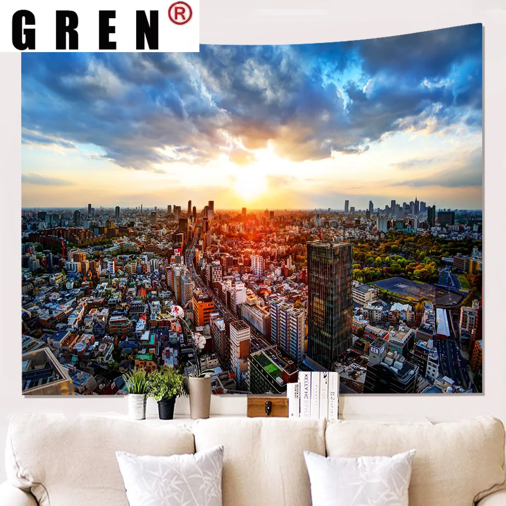 

GREN Modern City Sunrise Poster Tapestry Hanging Covering Rugs Background Cloth Beach Mat Blanket Art Bedroom Living Home Decor
