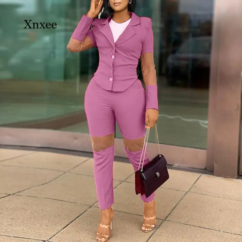 

Spring and Autumn Women's Two-Piece Elegant Stitching Mesh Plug-In Suit Jacket and Slim Pants Suit