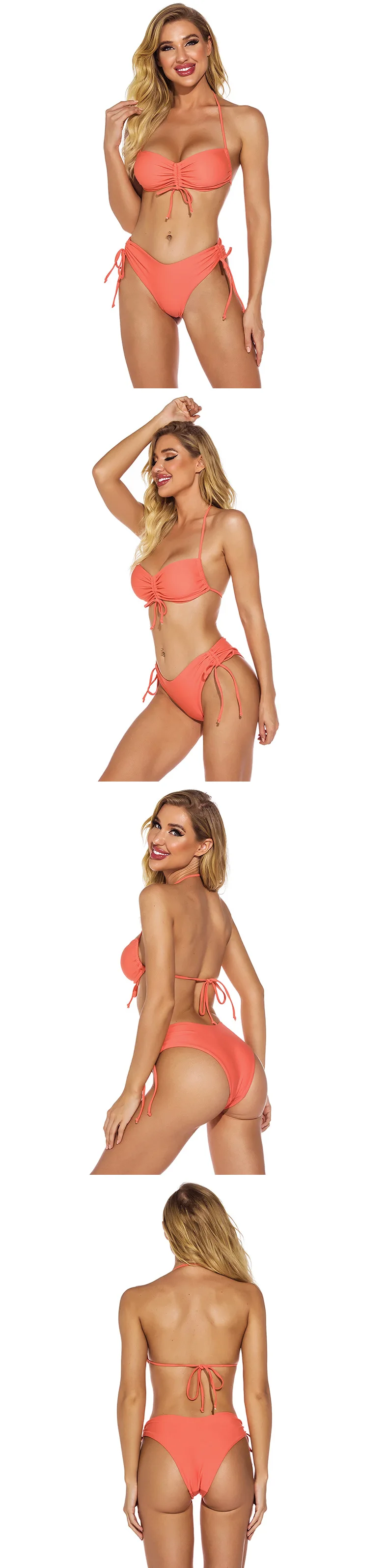 

American Cross Border Swimsuit Neck Open Back Lace Up Drawstring Frill Solid Color Split Swimsuit Women's Sexy Bikini