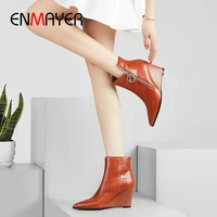 enmayer 2020 women winter boots basic wedges heels lizard grain pointed toe ankle boots for women short plush women shoes 34 42