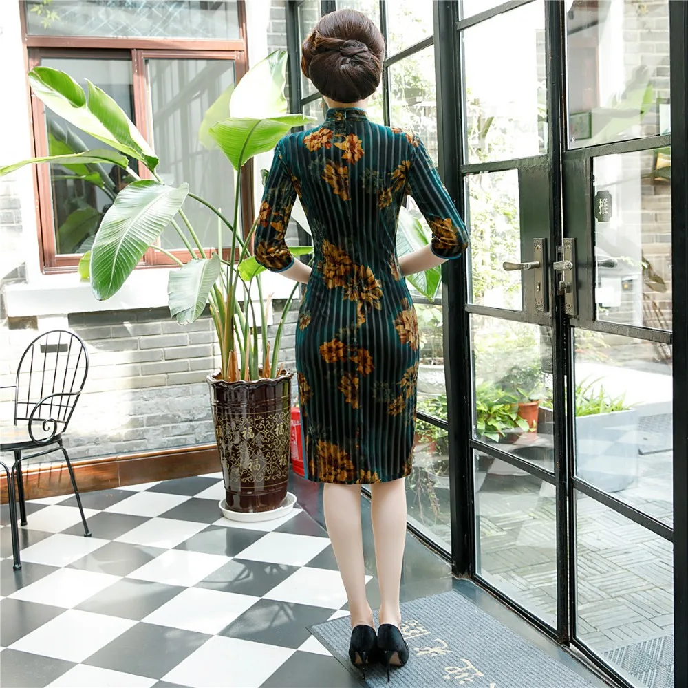 Шанхай история велюр Cheongsam по колено китайское платье Ципао традиционное платье зеленый