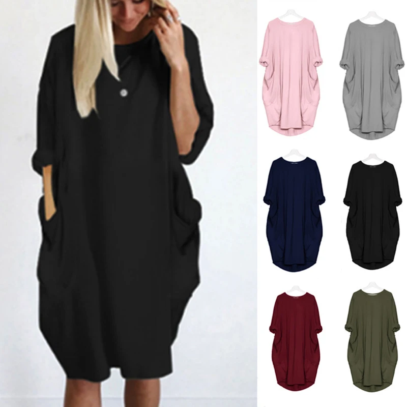 

plus size women clothing fall clothes for midi dress casual urban streetwear Solid color Loose pocket vestidos casuales dresses