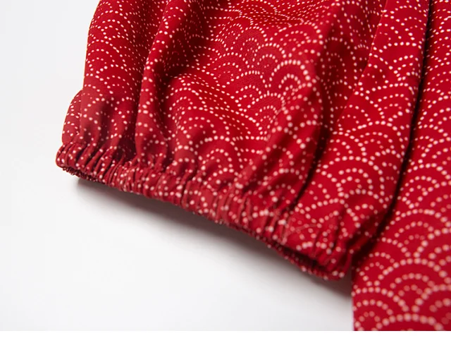 

Women Red Loose Dress 2021 Spring Summer Scalloped Printed Red Three Quarter Sleeve V-neck Loose Female Robe
