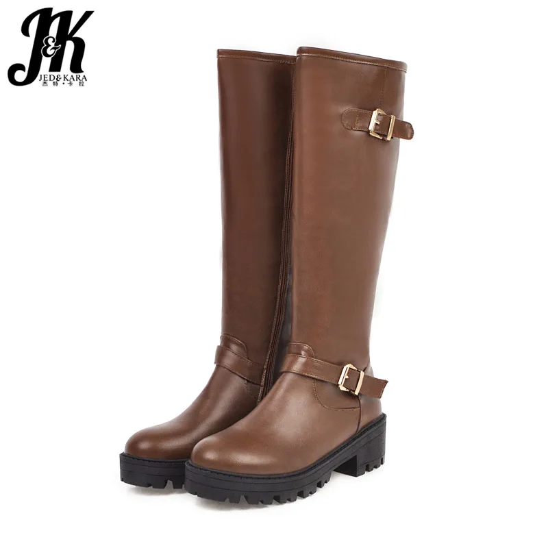 JK Motorcycle Boots Women Platform Knee High Boot Ladies Round Toe Shoes Female Thick Heels Winter 2020 Big Size 46 | Обувь