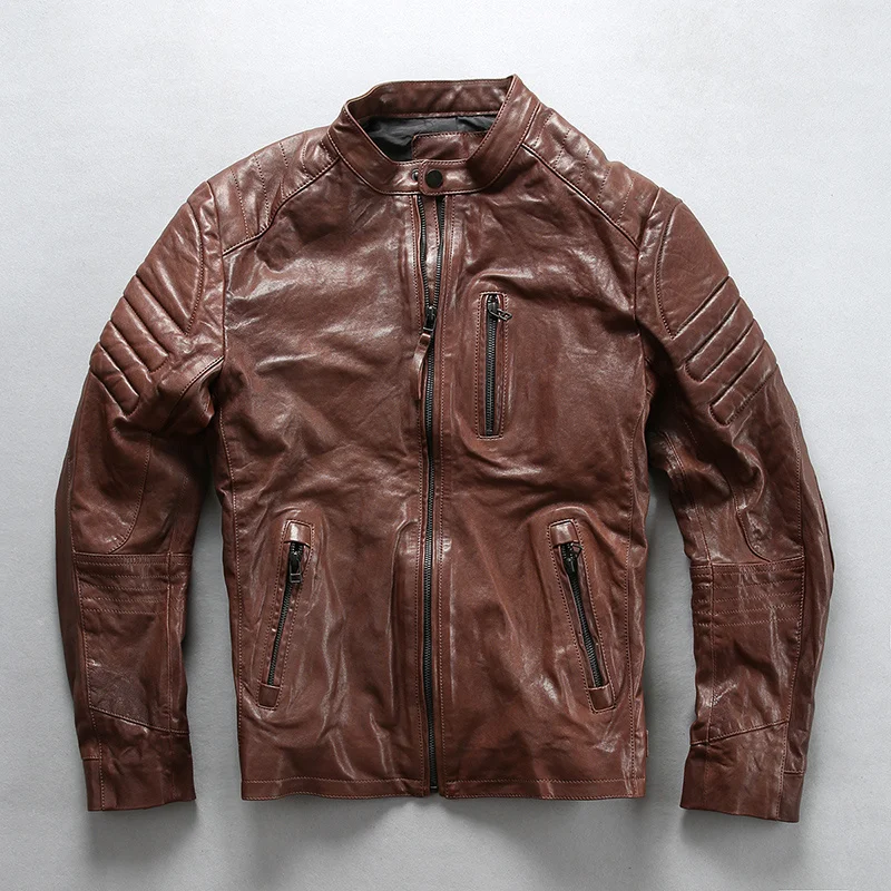 

Облегающая модная мужская куртка из натуральной кожи, мужская Тонкая куртка с молниями и воротником-стойкой, пальто из натуральной кожи для...