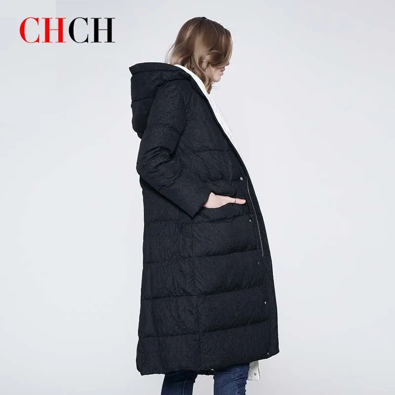 CHCH Down Jacket Women Long Hooded Warmth Winter 2023 New Loose Jacket Thick Black Three-Proof Winter Clothes